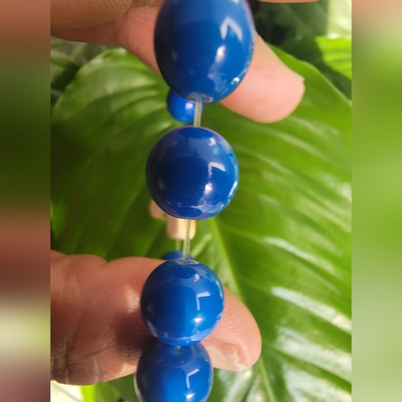 Blue Agate & Stone Cross stretch bracelet. - Picture 2 of 4